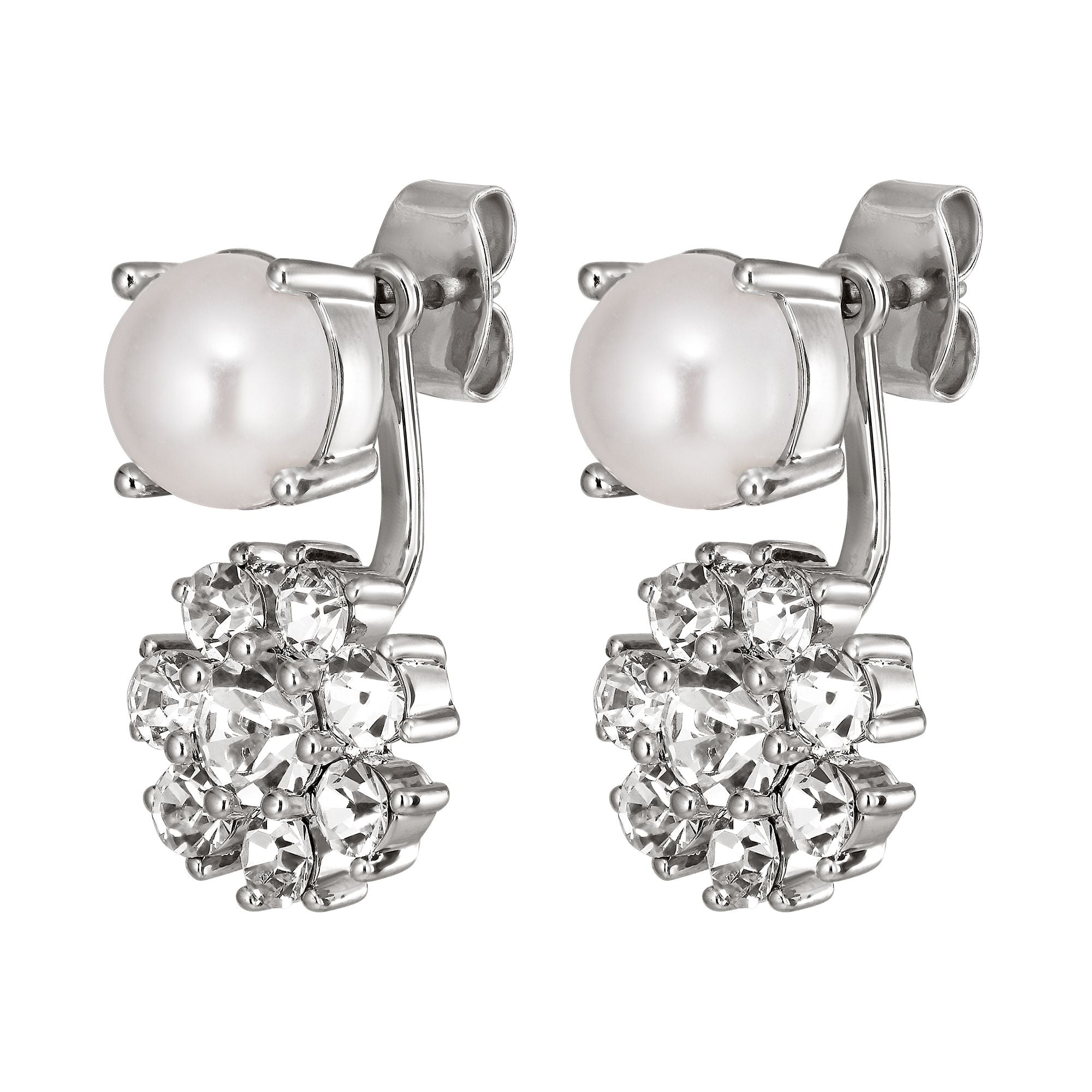 Floss Shiny Silver Earrings - Crystal / White Pearl