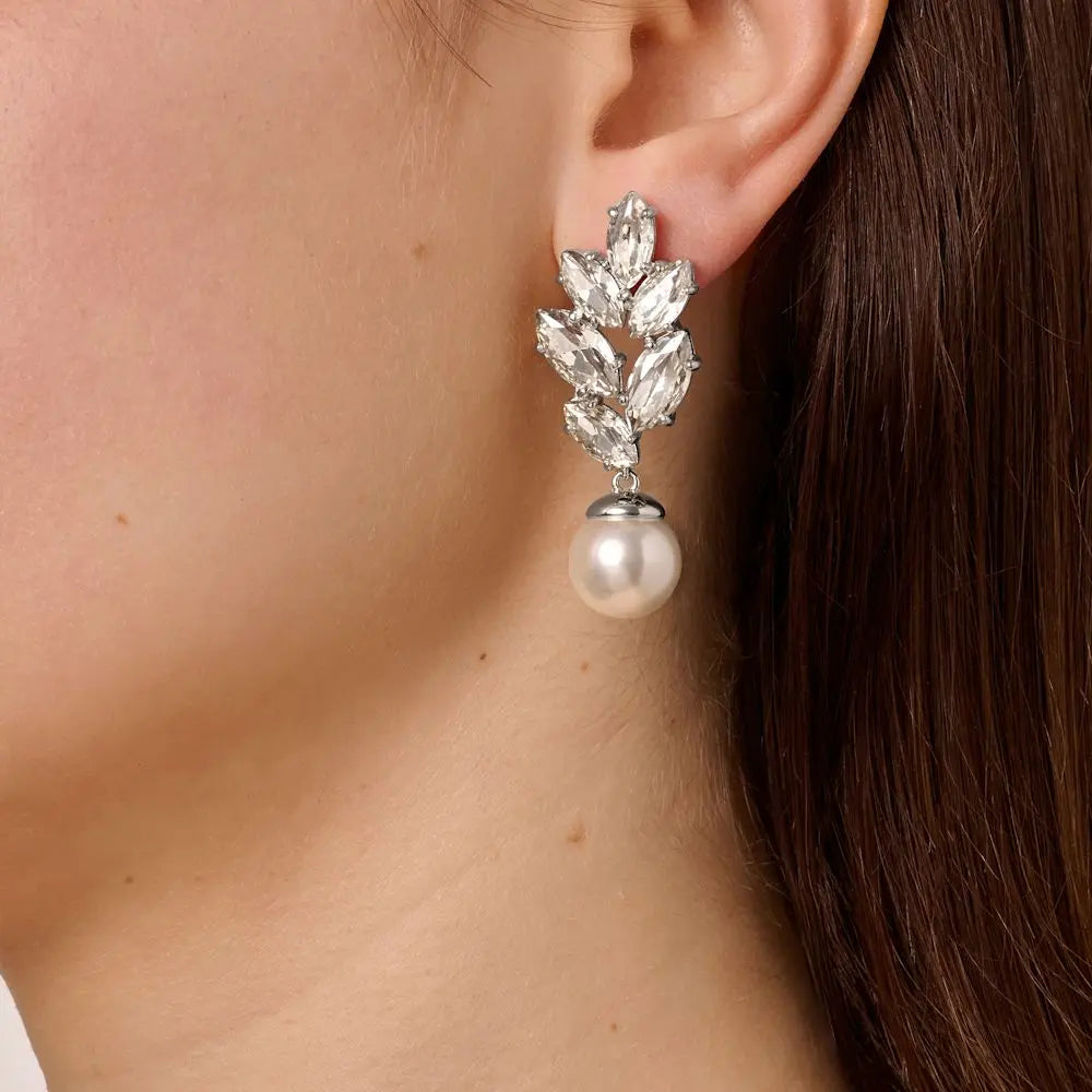 Balete Shiny Silver Earrings - Crystal / White Pearl - Dyrberg/Kern NZ