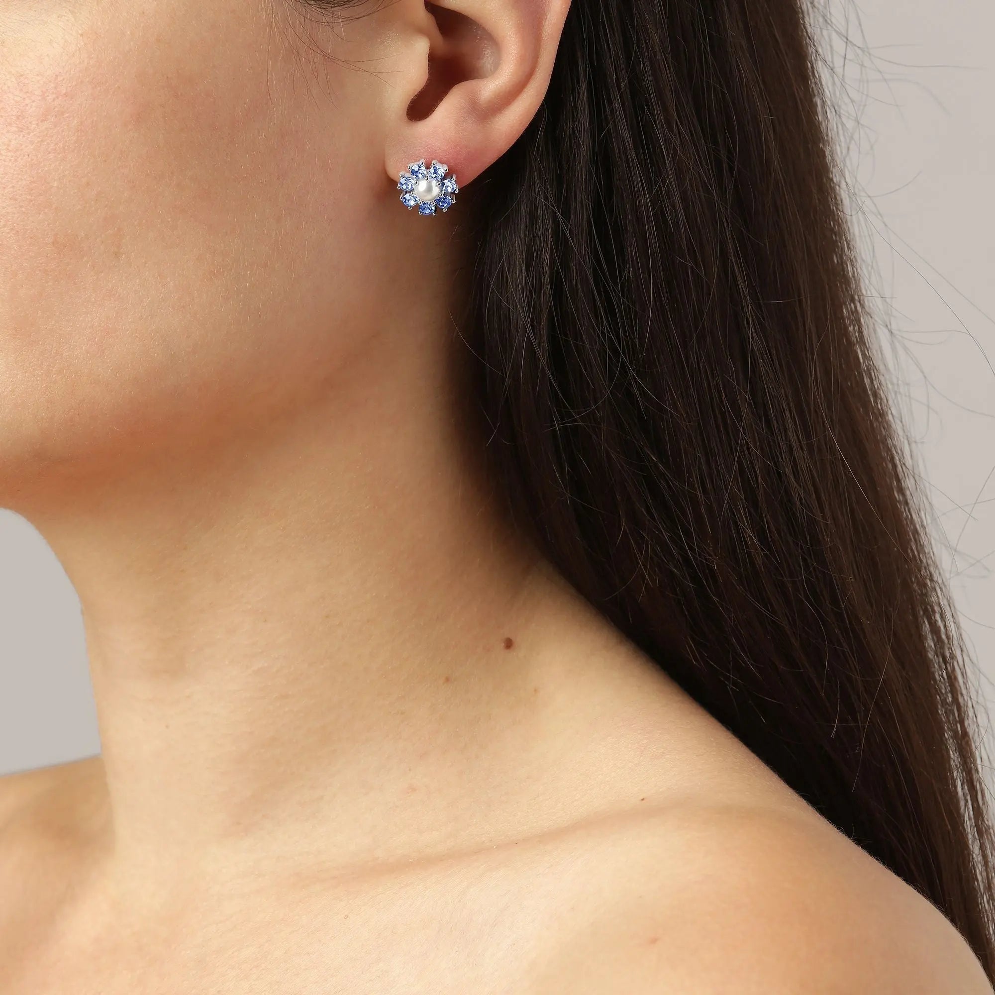 Carnea Shiny Silver Earrings - Light Sapphire / White Pearl - Dyrberg/Kern NZ