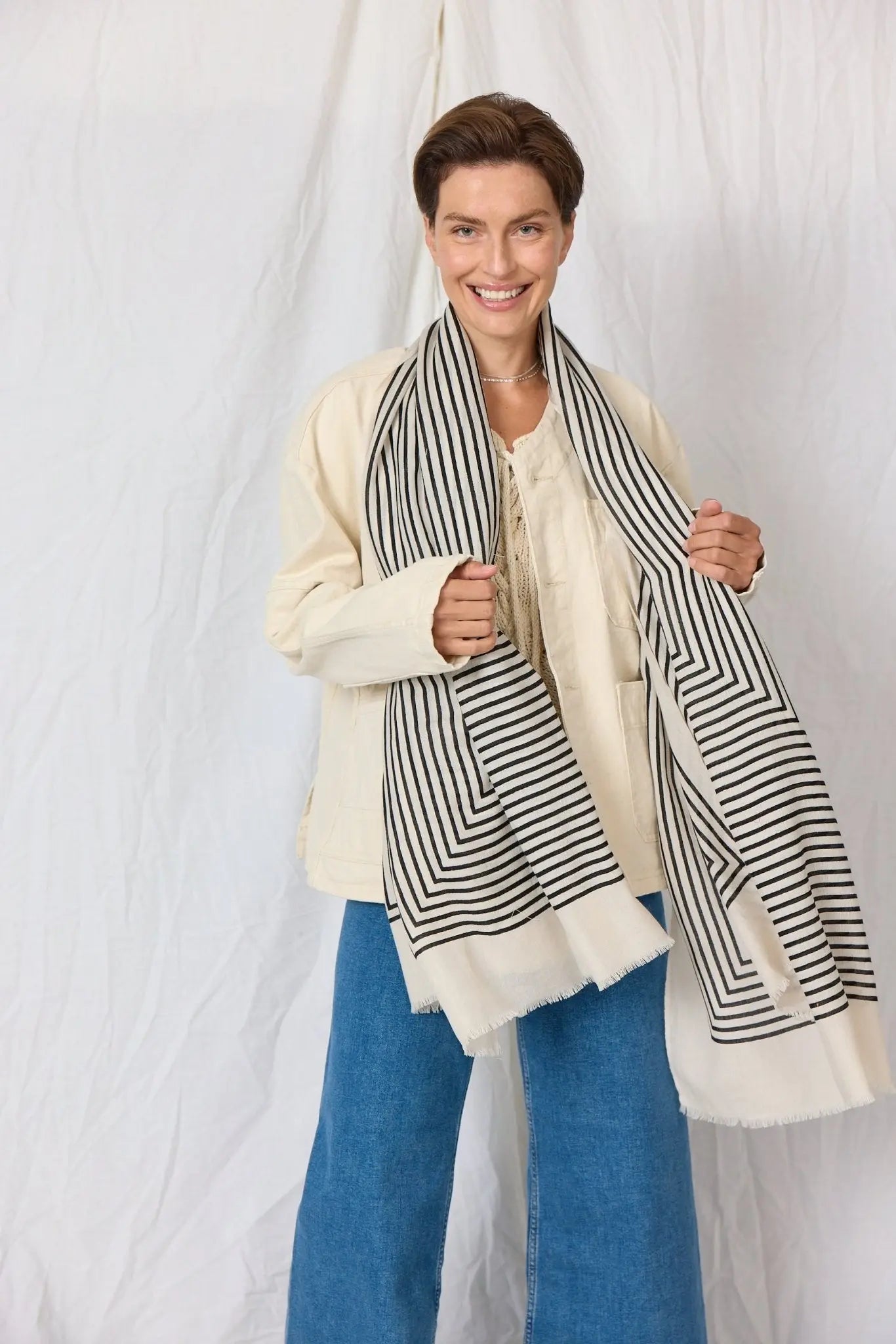 Graphic Stripes Wool & Silk Scarf, Creme/ Black - Dyrberg/Kern NZ