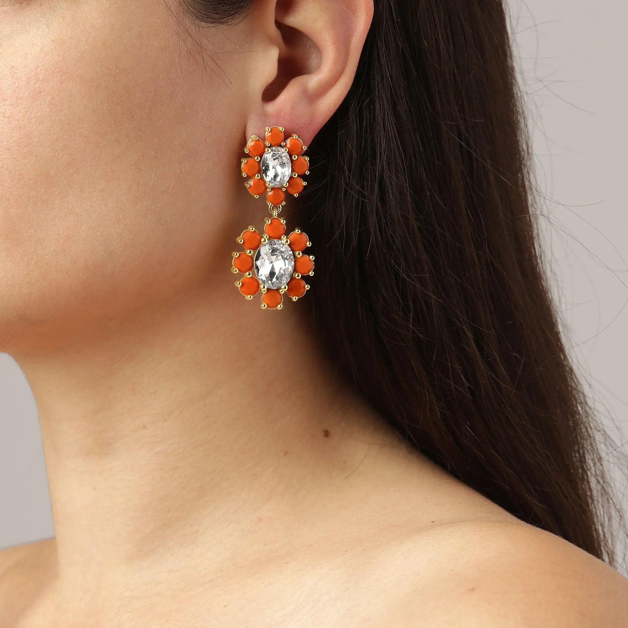 Lina Gold Earrings - Coral / Crystal - Dyrberg/Kern NZ