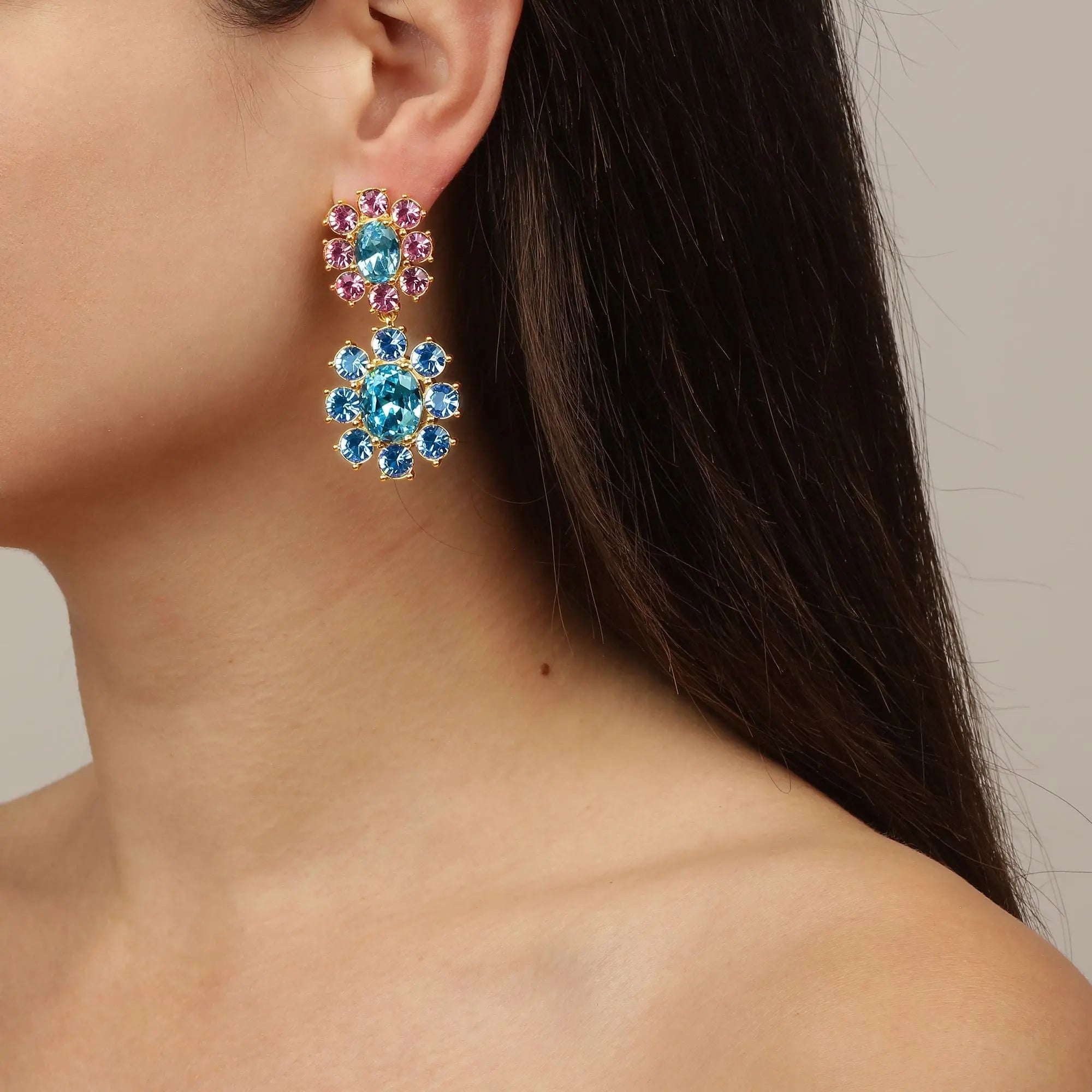 Lina Gold Earrings - Light Blue / Rose - Dyrberg/Kern NZ