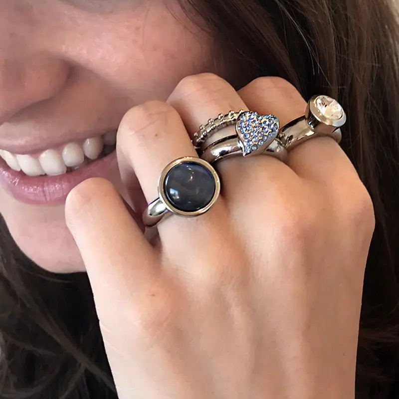 Sence Shiny Silver Interchangeable Ring Topper - Black - Dyrberg/Kern NZ