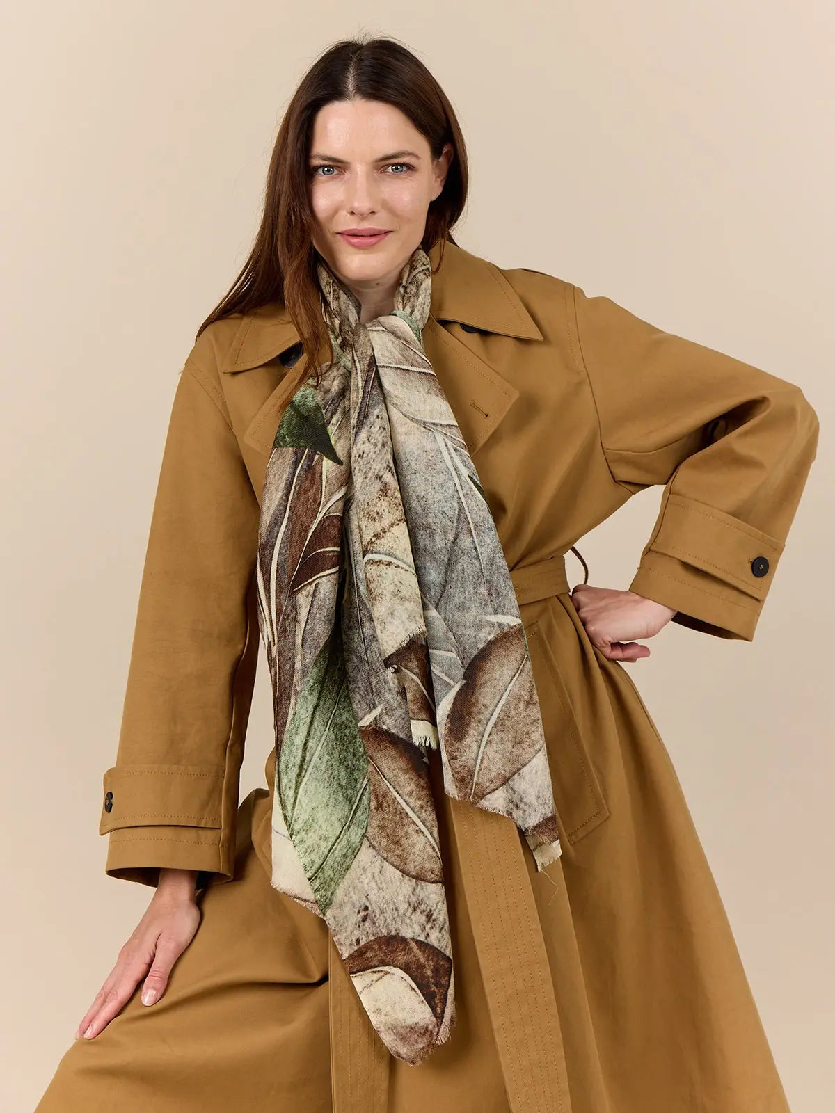 Spring Leaves Wool Scarf, Brown/ Olive - Dyrberg/Kern NZ