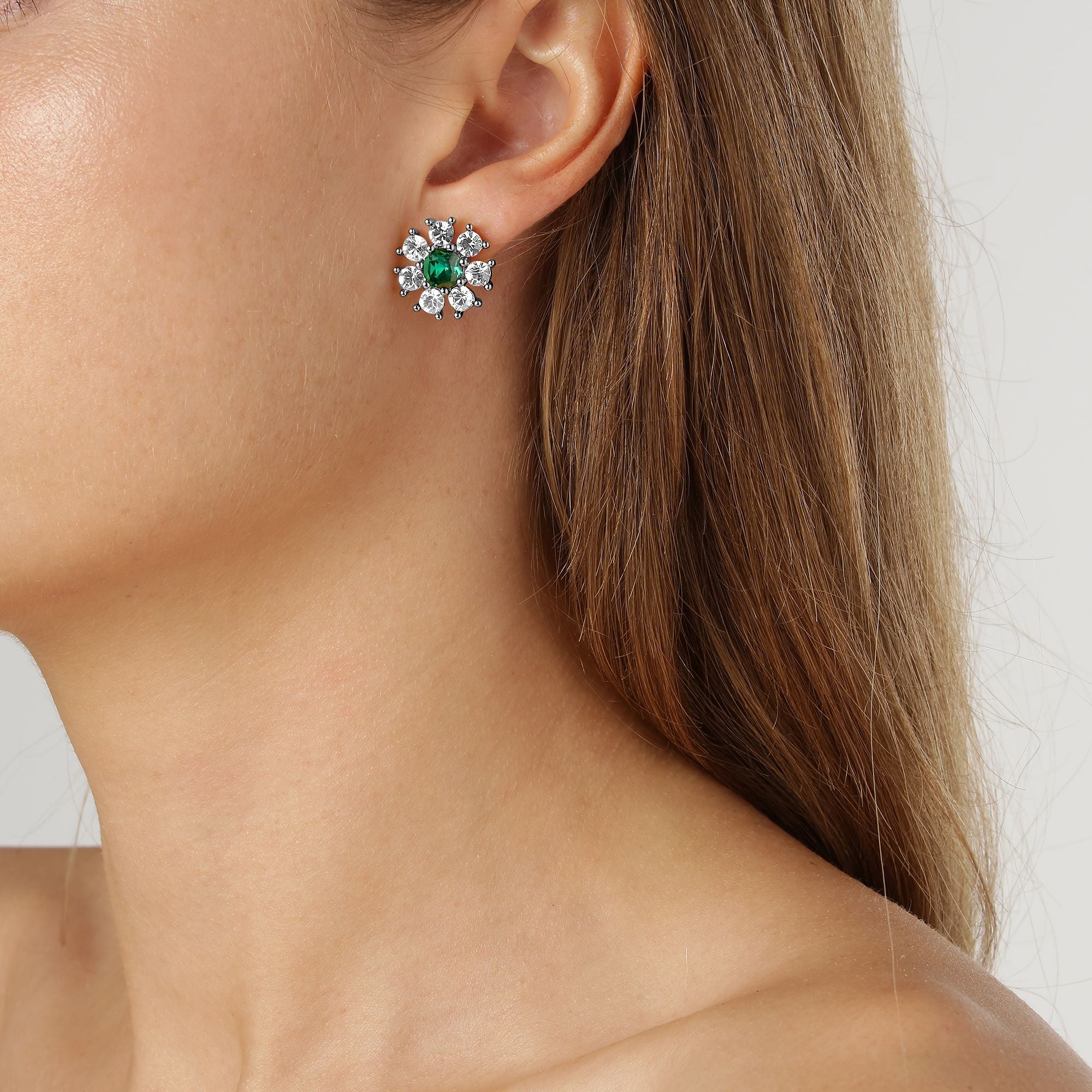 Aude Shiny Silver Earrings - Emerald Green / Crystal - Dyrberg/Kern NZ