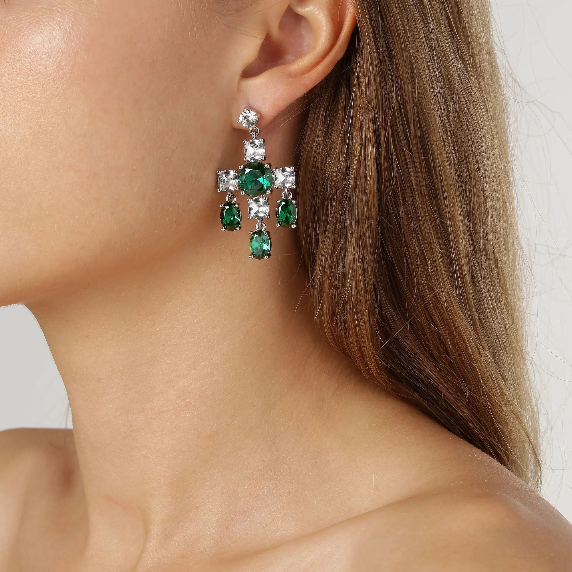 Leonora Shiny Silver Earrings - Emerald Green / Crystal - Dyrberg/Kern NZ
