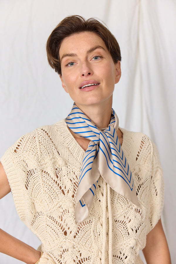 Graphic Stripes Silk Scarf/ Creme/ Blue