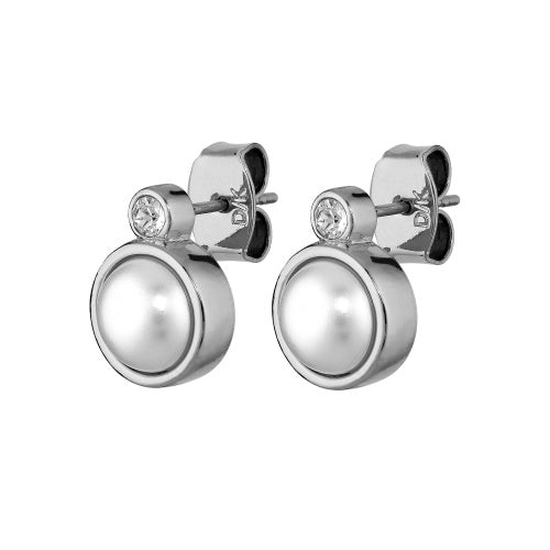 London Shiny Silver Stud Earrings - White Pearl