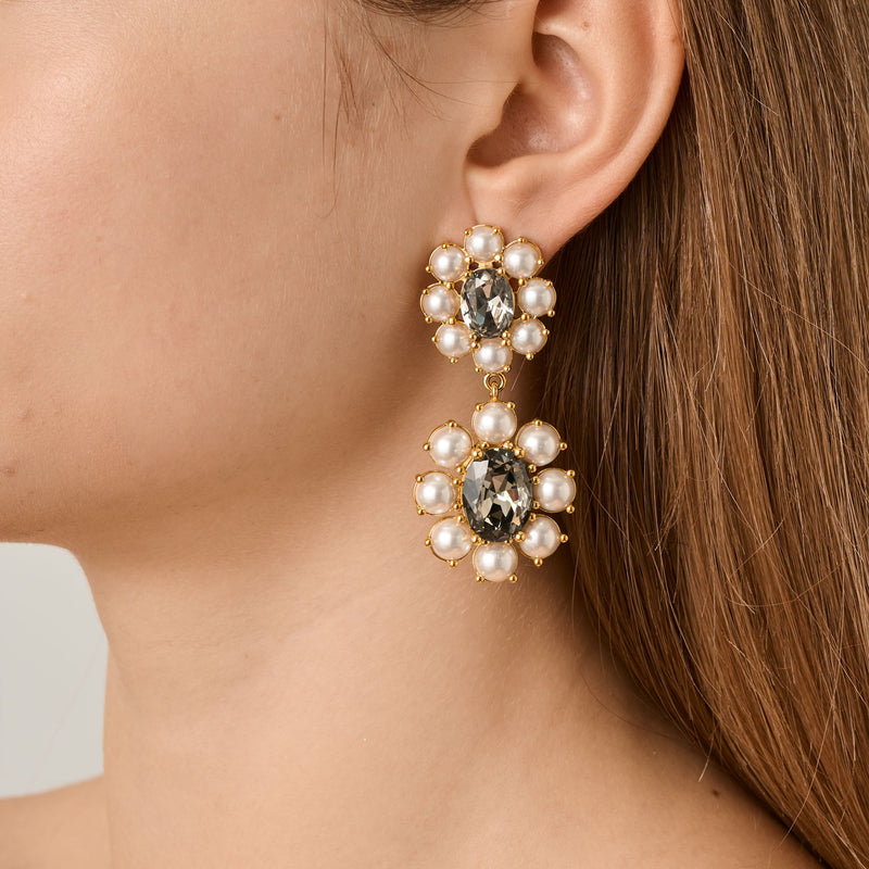 Lina Gold Earrings - White Pearl  / Grey