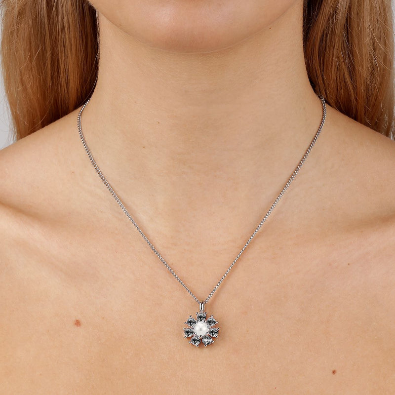 Delise Shiny Silver Necklace - Grey /White Pearl