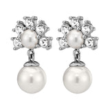 Veronica Shiny Silver Earrings - Crystal /White Pearl