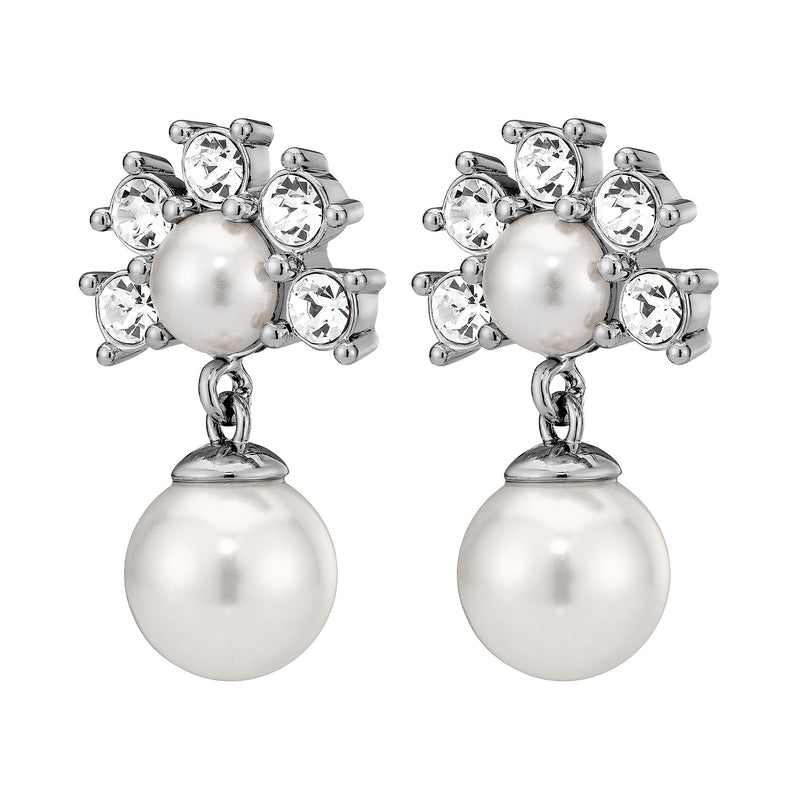 Veronica Shiny Silver Earrings - Crystal /White Pearl