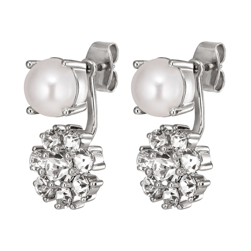 Floss Shiny Silver Earrings - Crystal / White Pearl