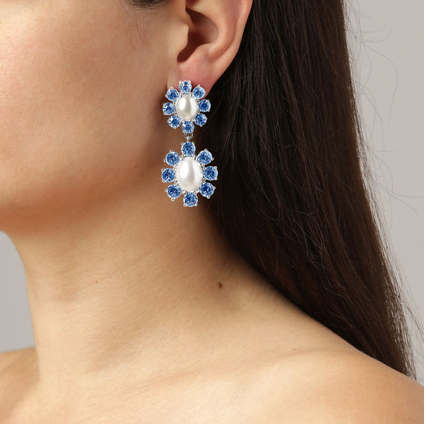 Lina Shiny Silver Earrings - Light Sapphire / Crystal