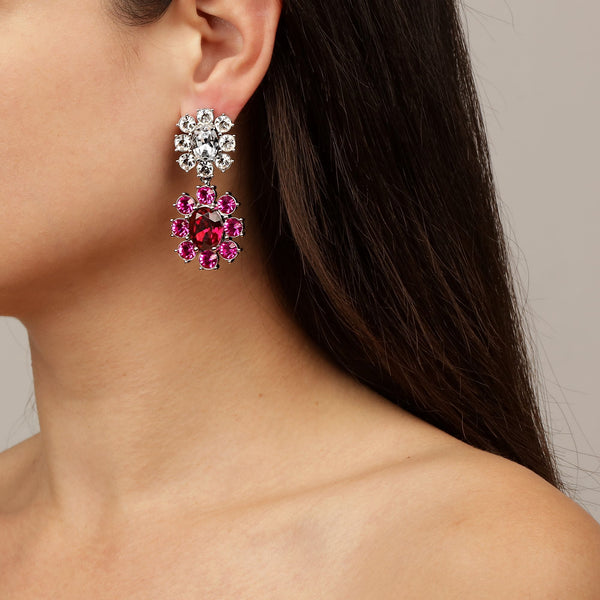 Lina Shiny Silver Earrings - Pink / Crystal