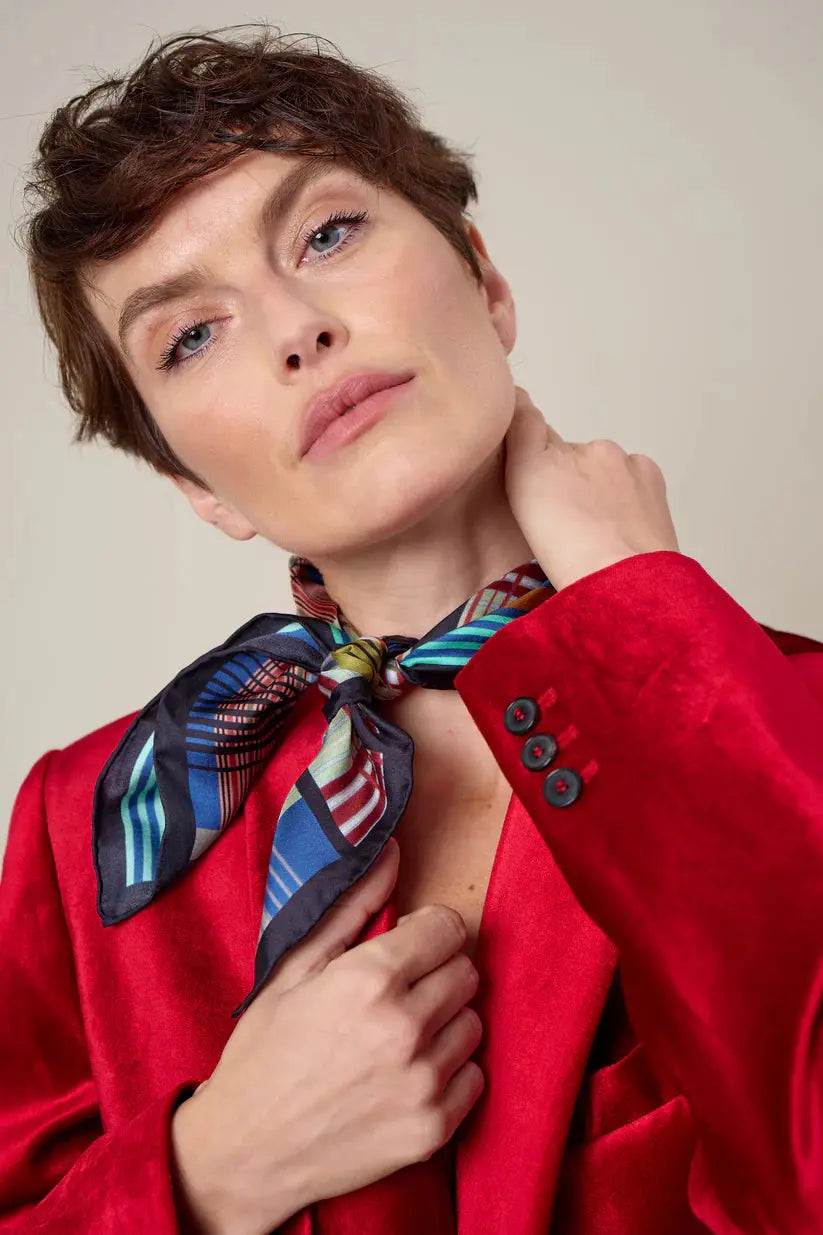 Linework Silk Scarf, Lime/ Blue