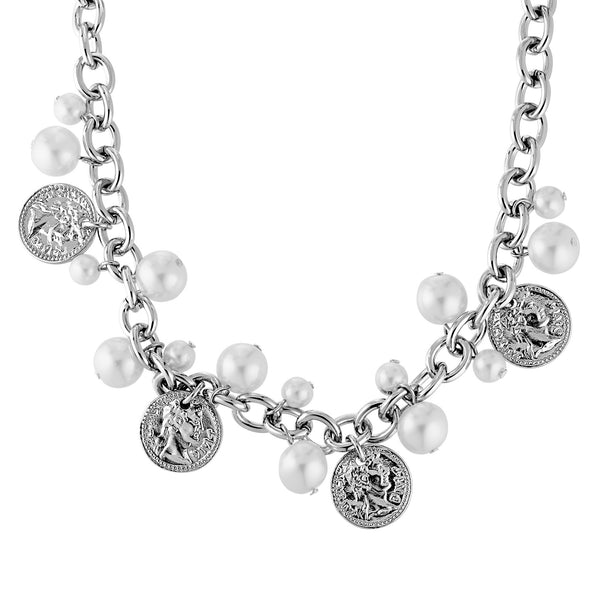 Penelope Shiny Silver Necklace - White Pearl