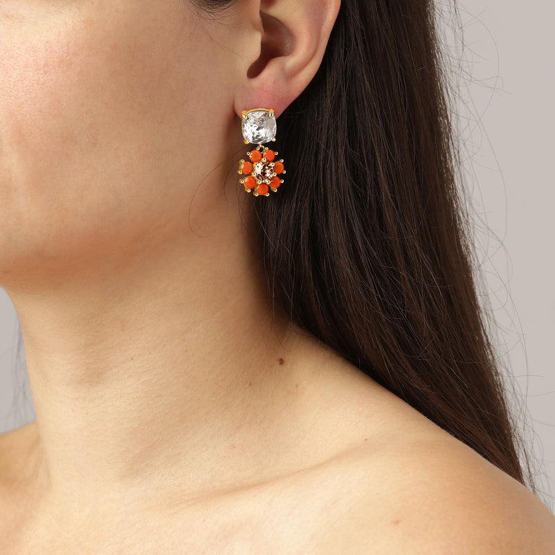 Poppy Gold Earrings - Coral / Crystal