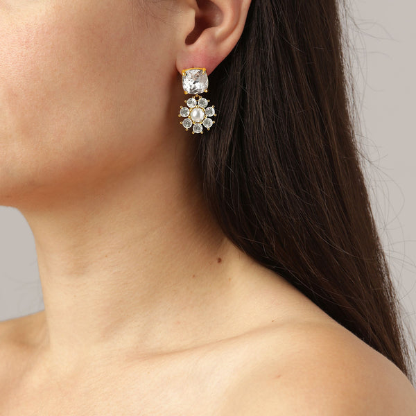 Poppy Gold Earrings - Crystal / White Pearl