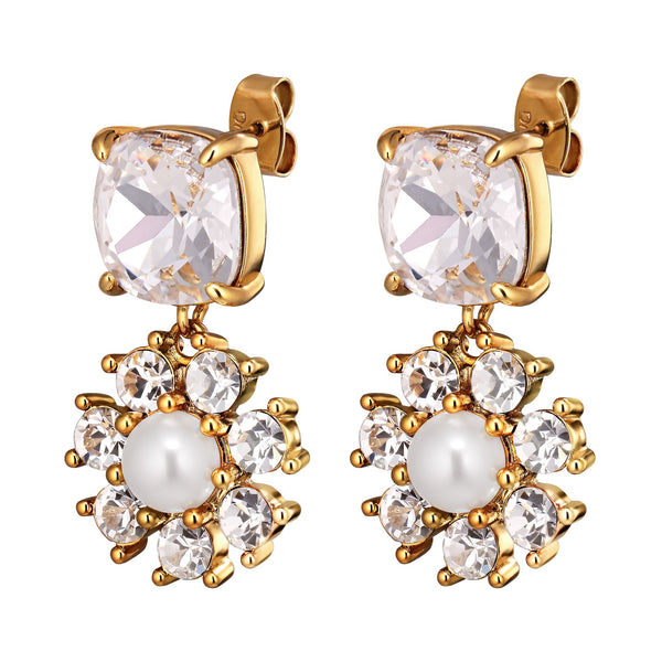 Poppy Gold Earrings - Crystal / White Pearl