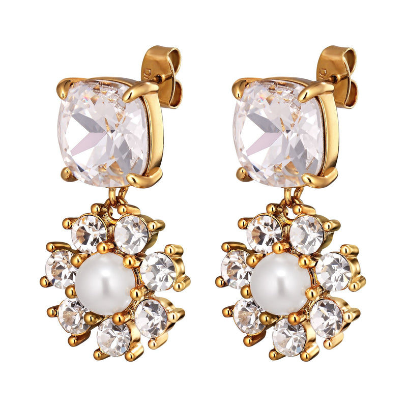 Poppy Gold Earrings - Crystal / White Pearl