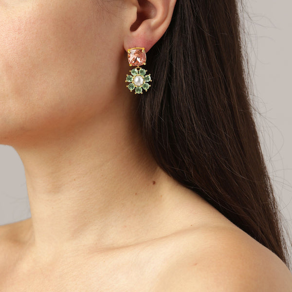 Poppy Gold Earrings - Light Green / Peach / White Pearl