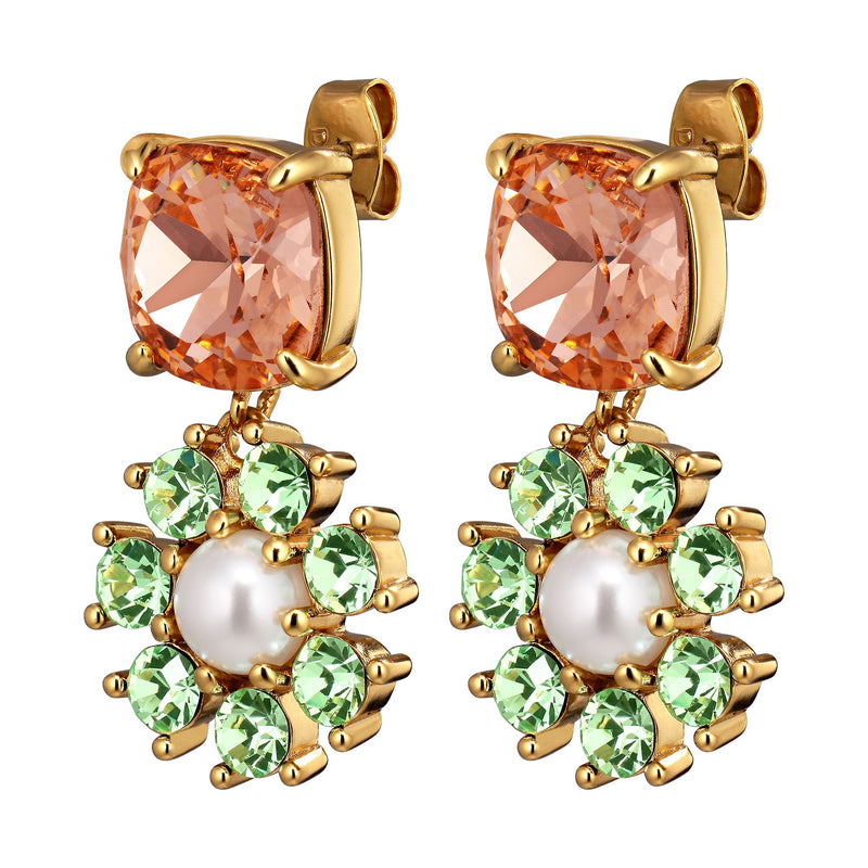 Poppy Gold Earrings - Light Green / Peach / White Pearl