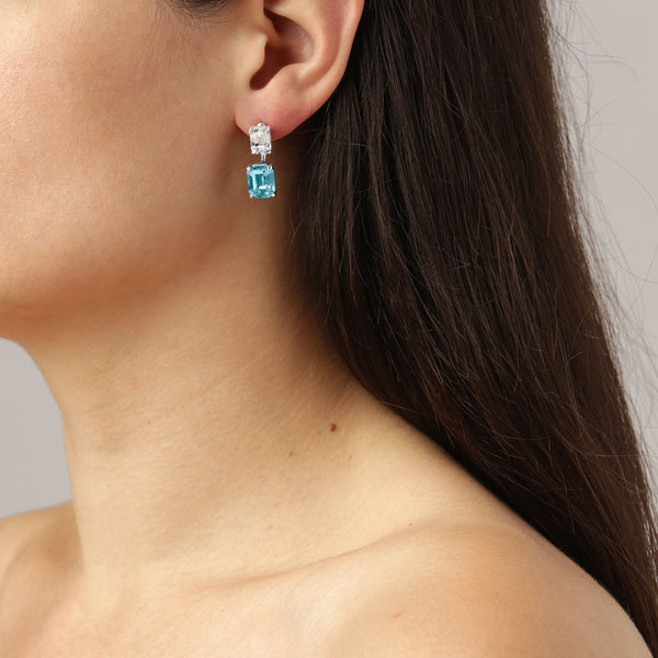 Teti Shiny Silver Earrings - Aqua / Crystal