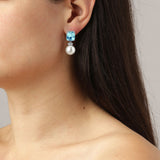 Wali Shiny Silver Earrings - Aqua - White Pearl