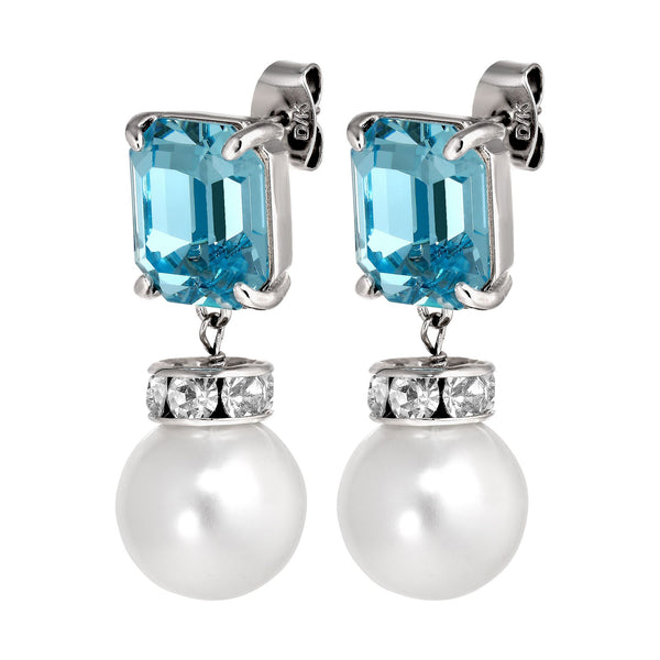 Wali Shiny Silver Earrings - Aqua - White Pearl