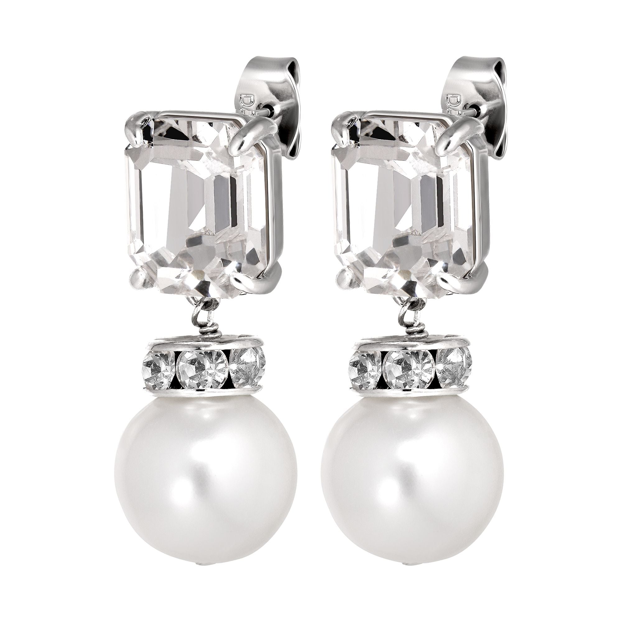 Wali Shiny Silver Earrings - Crystal  / White Pearl