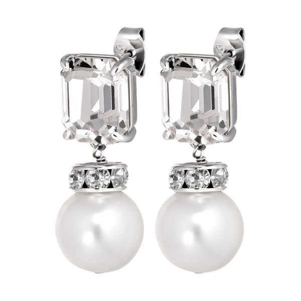 Wali Shiny Silver Earrings - Crystal  / White Pearl