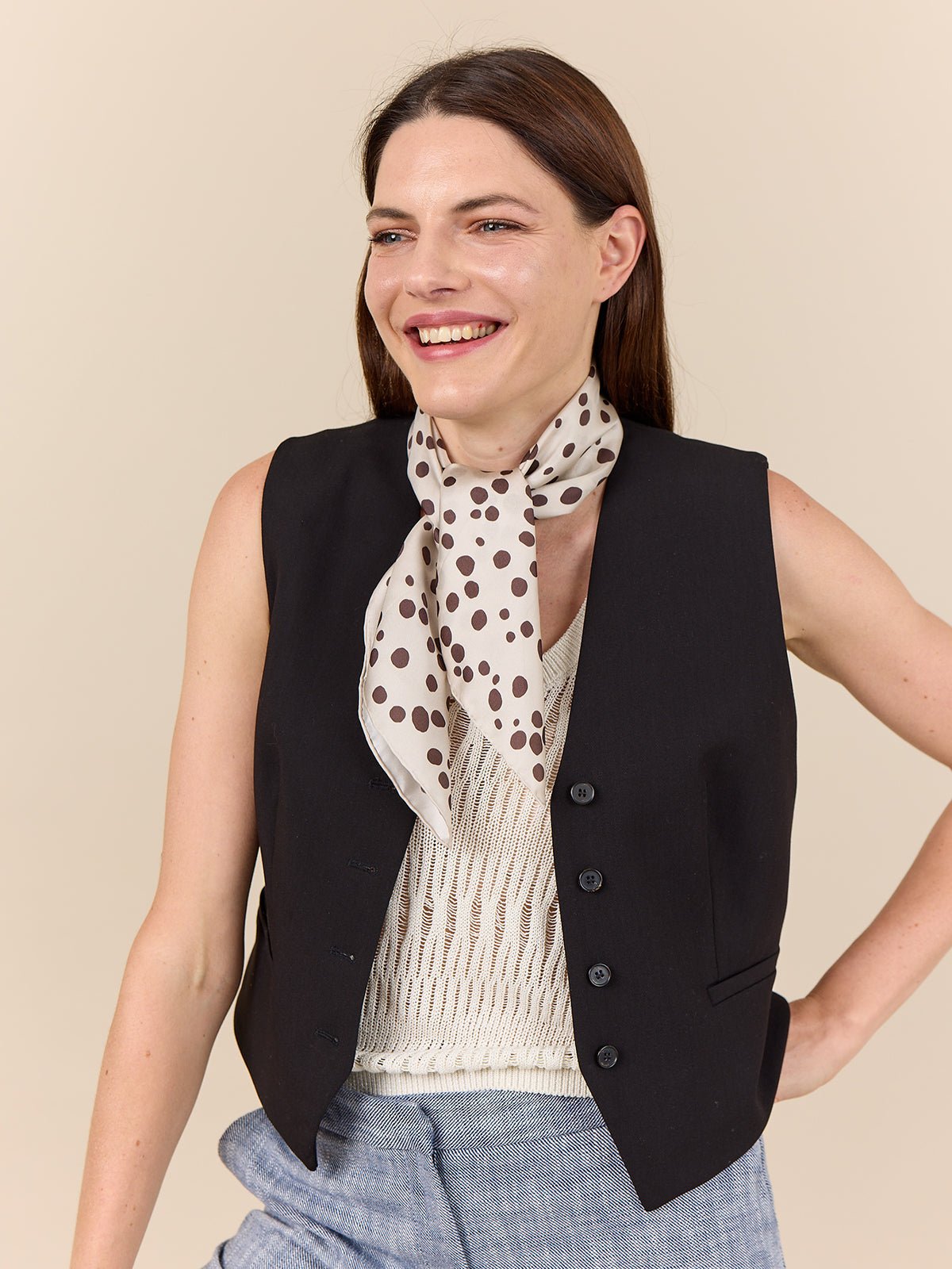 Dots Silk Scarf, Creme/Brown - Dyrberg/Kern NZ