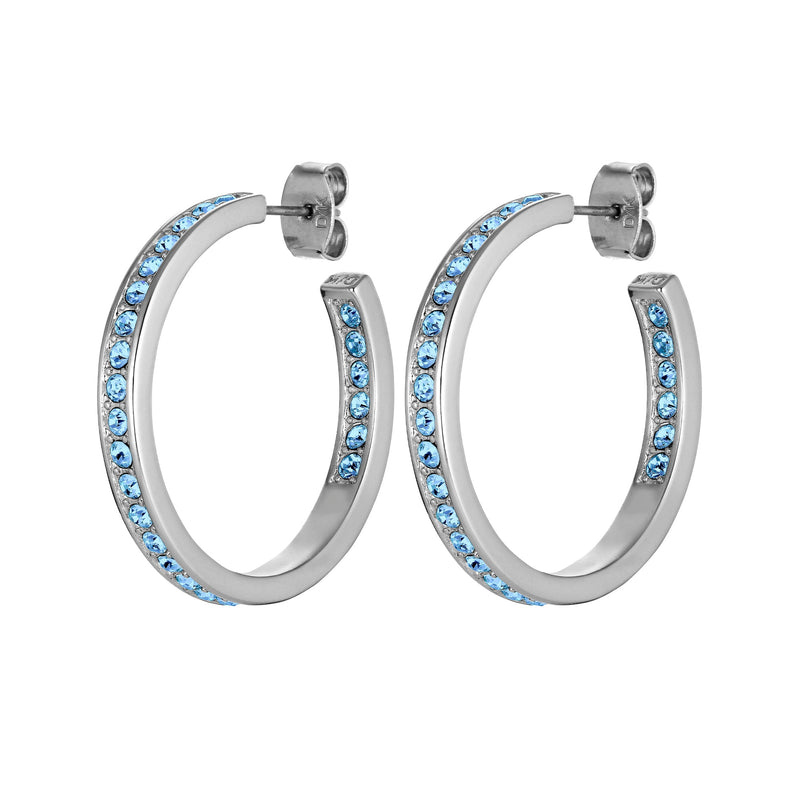 Justina Shiny Silver Hoop Earrings - Blue