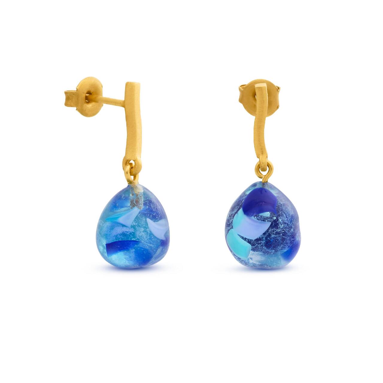 Gaudi Gold Stud Drop Earrings Blue Glass - Dyrberg/Kern NZ