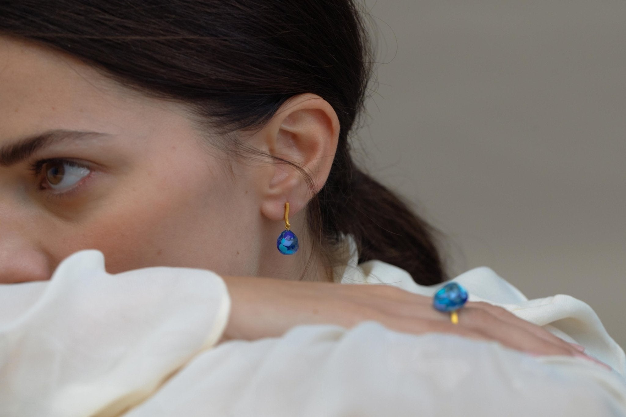 Gaudi Gold Stud Drop Earrings Blue Glass - Dyrberg/Kern NZ