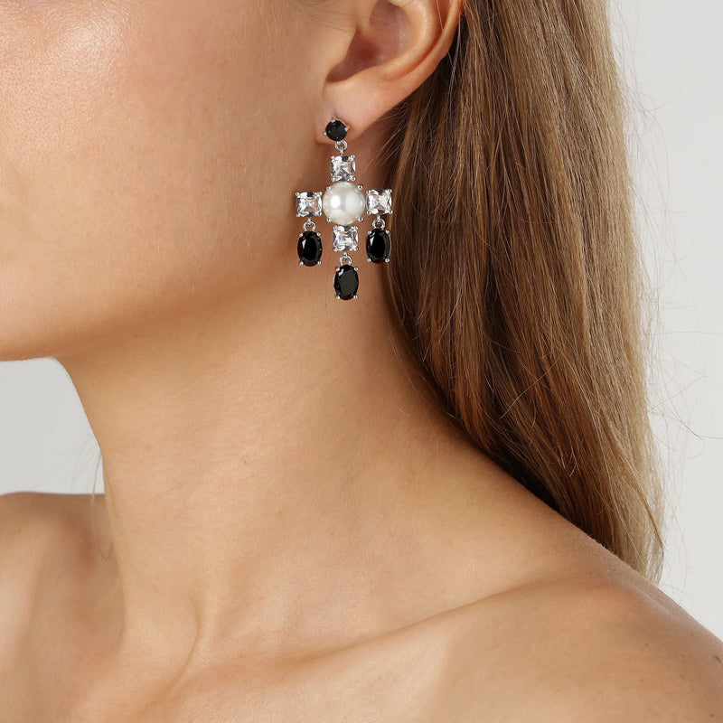 Leonora Shiny Silver Earrings - Crystal / Black - Dyrberg/Kern NZ