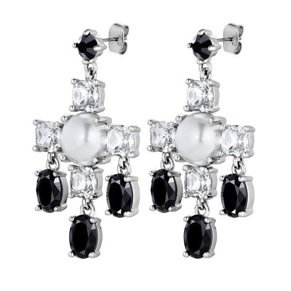 Leonora Shiny Silver Earrings - Crystal / Black - Dyrberg/Kern NZ