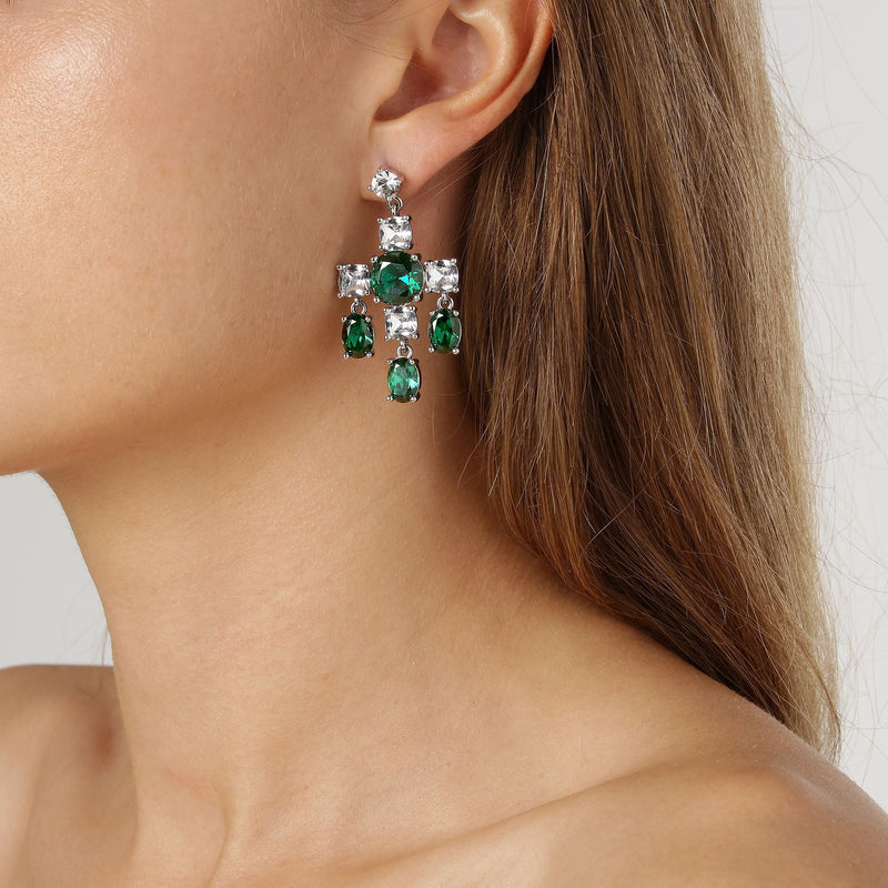 Leonora Shiny Silver Earrings - Emerald Green / Crystal - Dyrberg/Kern NZ